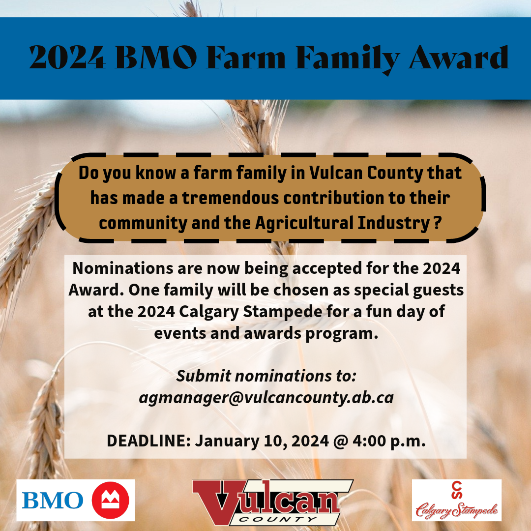 Nominations Open for the 2024 BMO Farm Family Award for Vulcan County